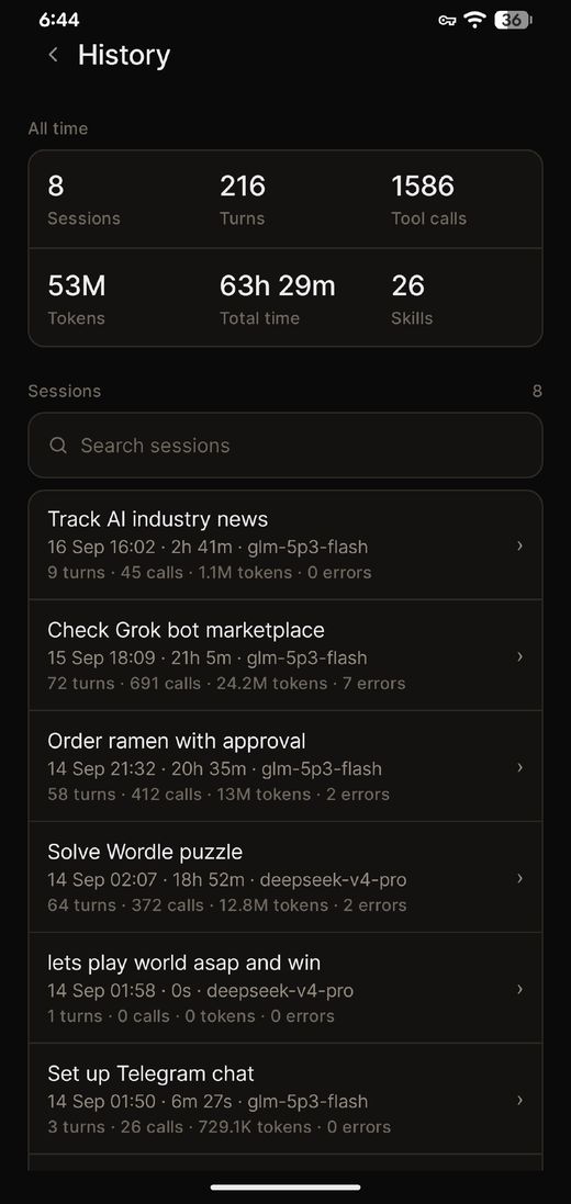 The asterdroid History screen: 8 sessions, 216 turns, 1,586 tool calls, 53M tokens, 63h 29m, 26 skills, with a list of past sessions