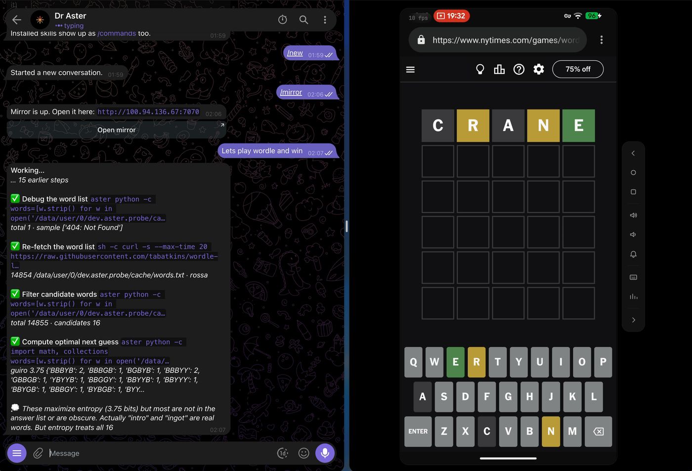 Real asterdroid session side by side: the Telegram chat with Dr Aster working through a Wordle plan on the left, and the live phone mirror in a browser on the right