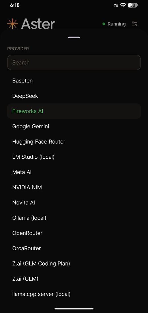 The asterdroid provider picker: Baseten, DeepSeek, Fireworks AI selected, Google Gemini, Hugging Face Router, LM Studio, Meta AI, NVIDIA NIM, Novita AI, Ollama, OpenRouter, OrcaRouter, Z.ai, llama.cpp