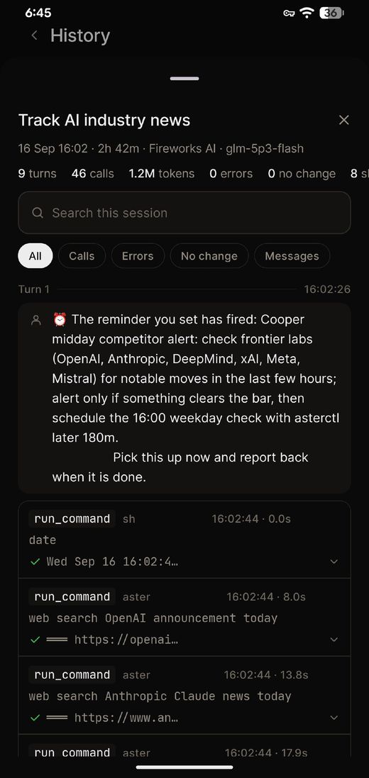A session in the asterdroid History screen: Track AI industry news, 9 turns, 46 calls, 1.2M tokens, with each run_command and its timing