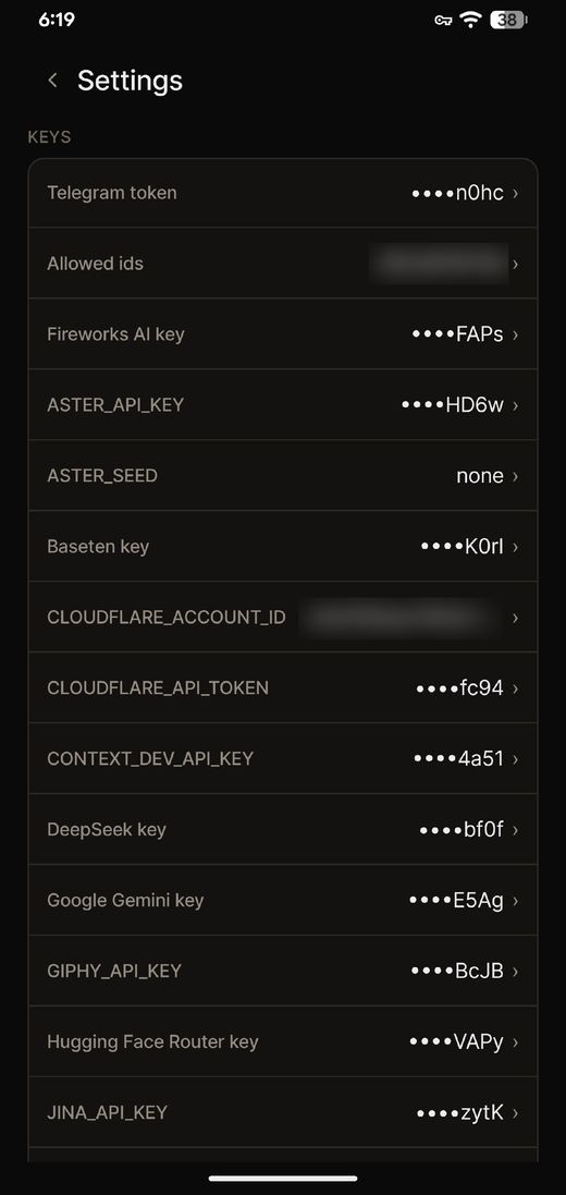 The asterdroid Settings screen listing keys: Telegram token, Fireworks AI, Baseten, Cloudflare, DeepSeek, Google Gemini, Hugging Face Router, Jina, all masked